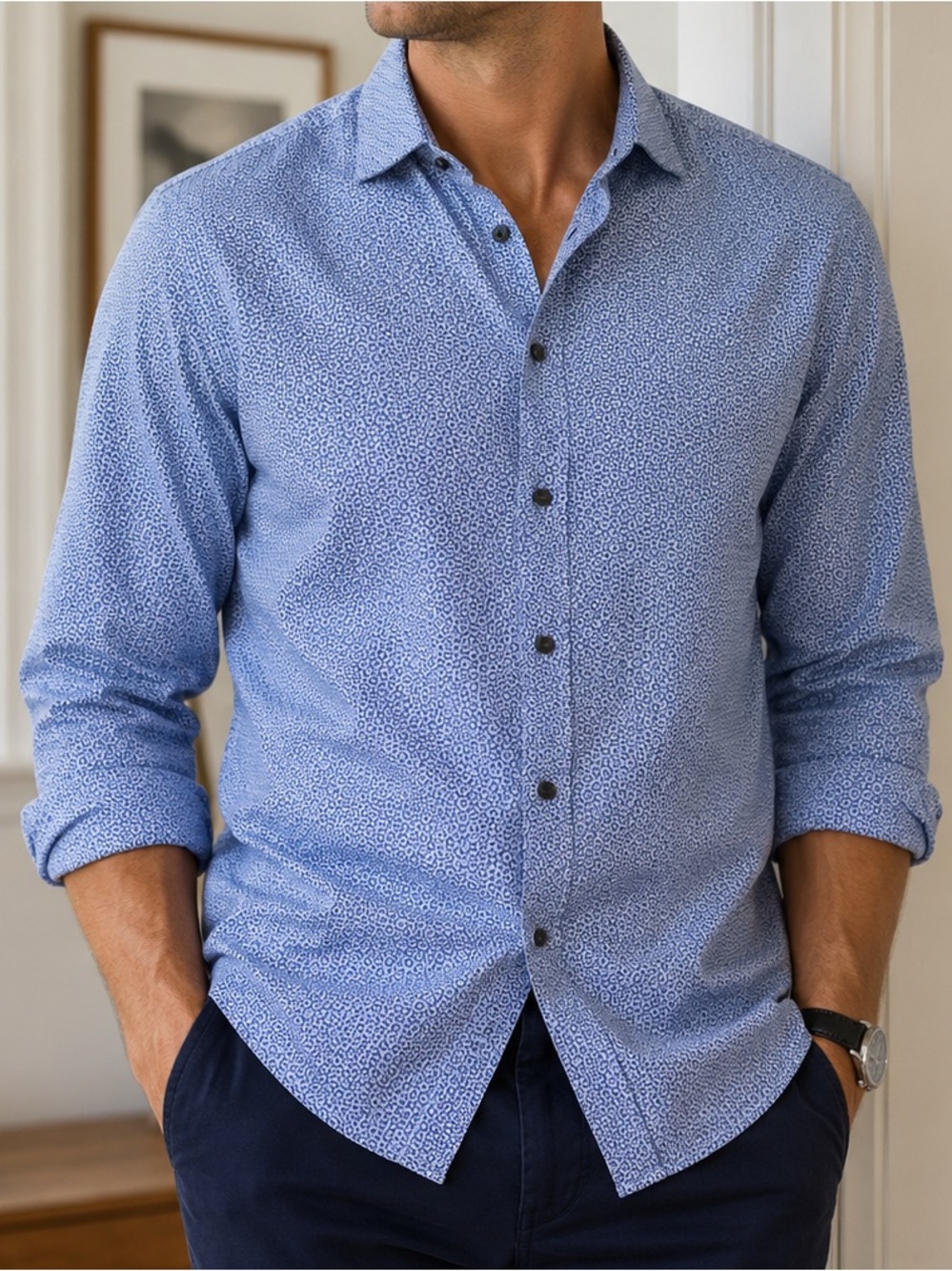 Banana Republic Soft Wash Blue Geometric Print Button-Up Shirt Large